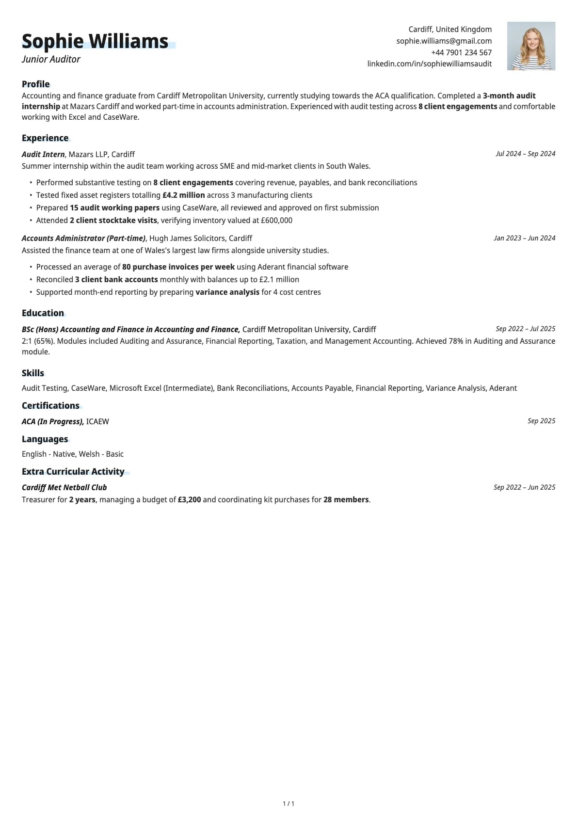 Junior Auditor resume example