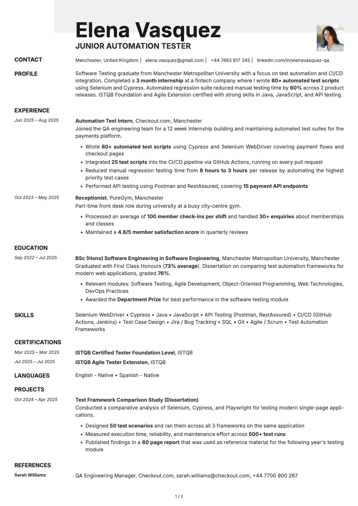 Junior Automation Tester resume example