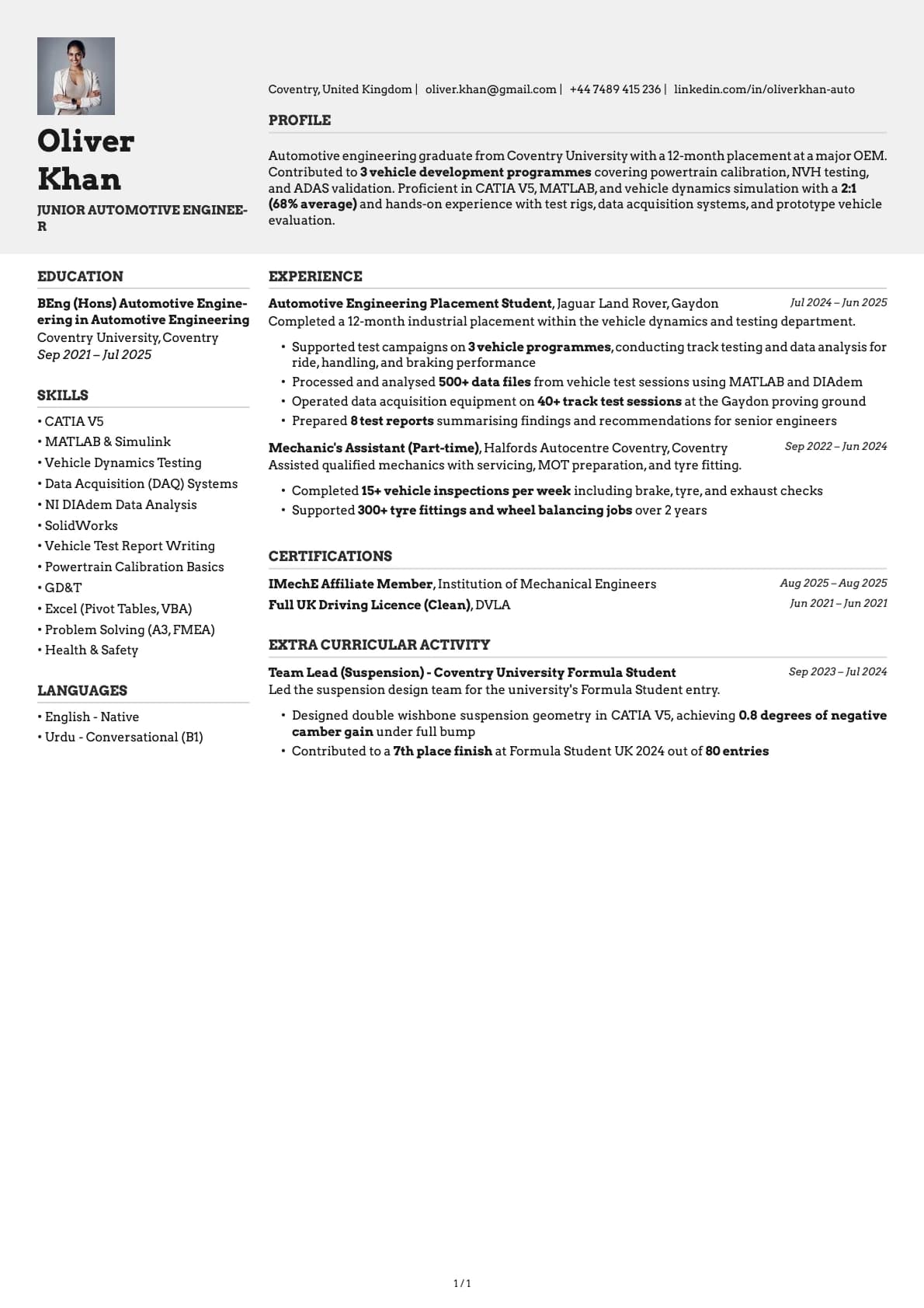 Junior Automotive Engineer resume example