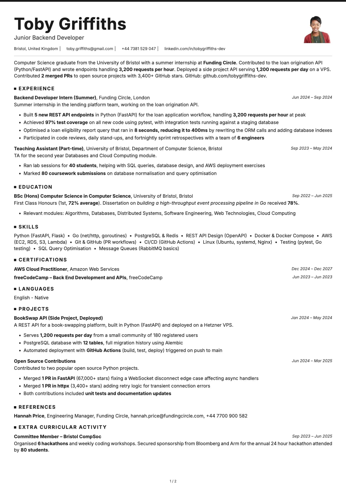 Junior Backend Developer resume example