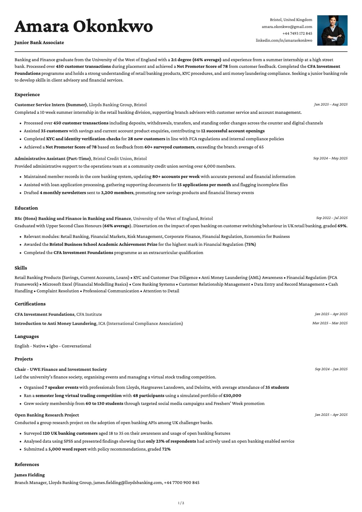 Junior Bank Associate resume example