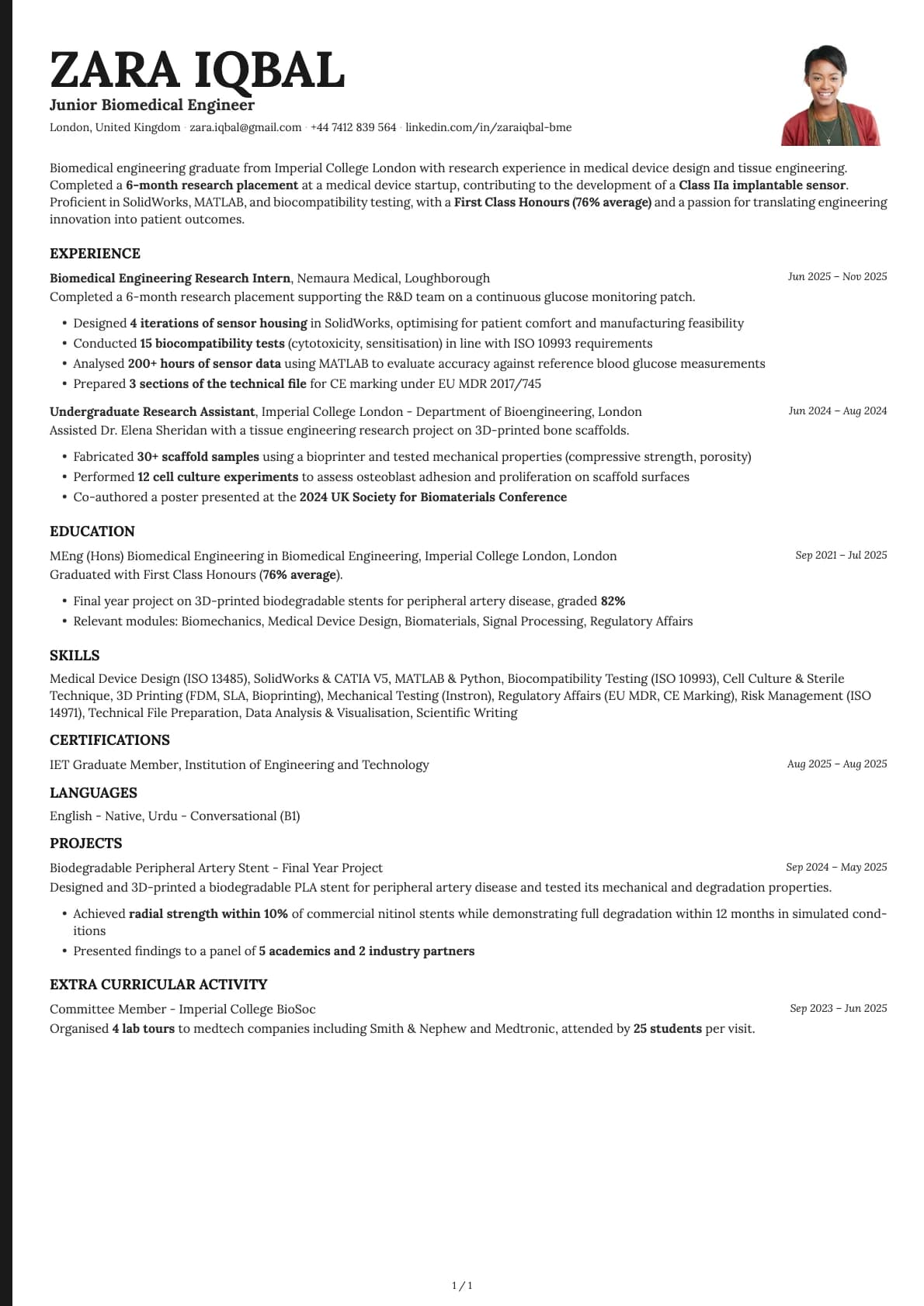 Junior Biomedical Engineer resume example