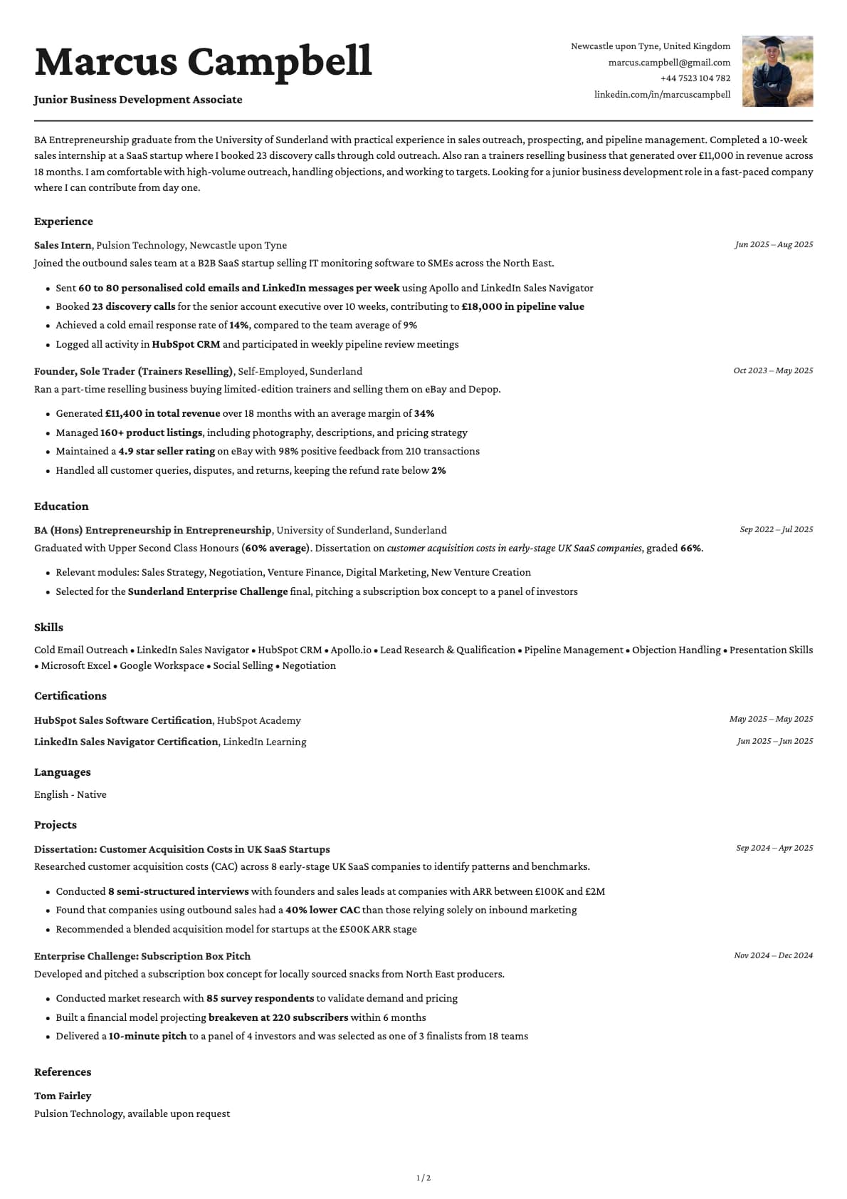 Junior Business Development Associate resume example