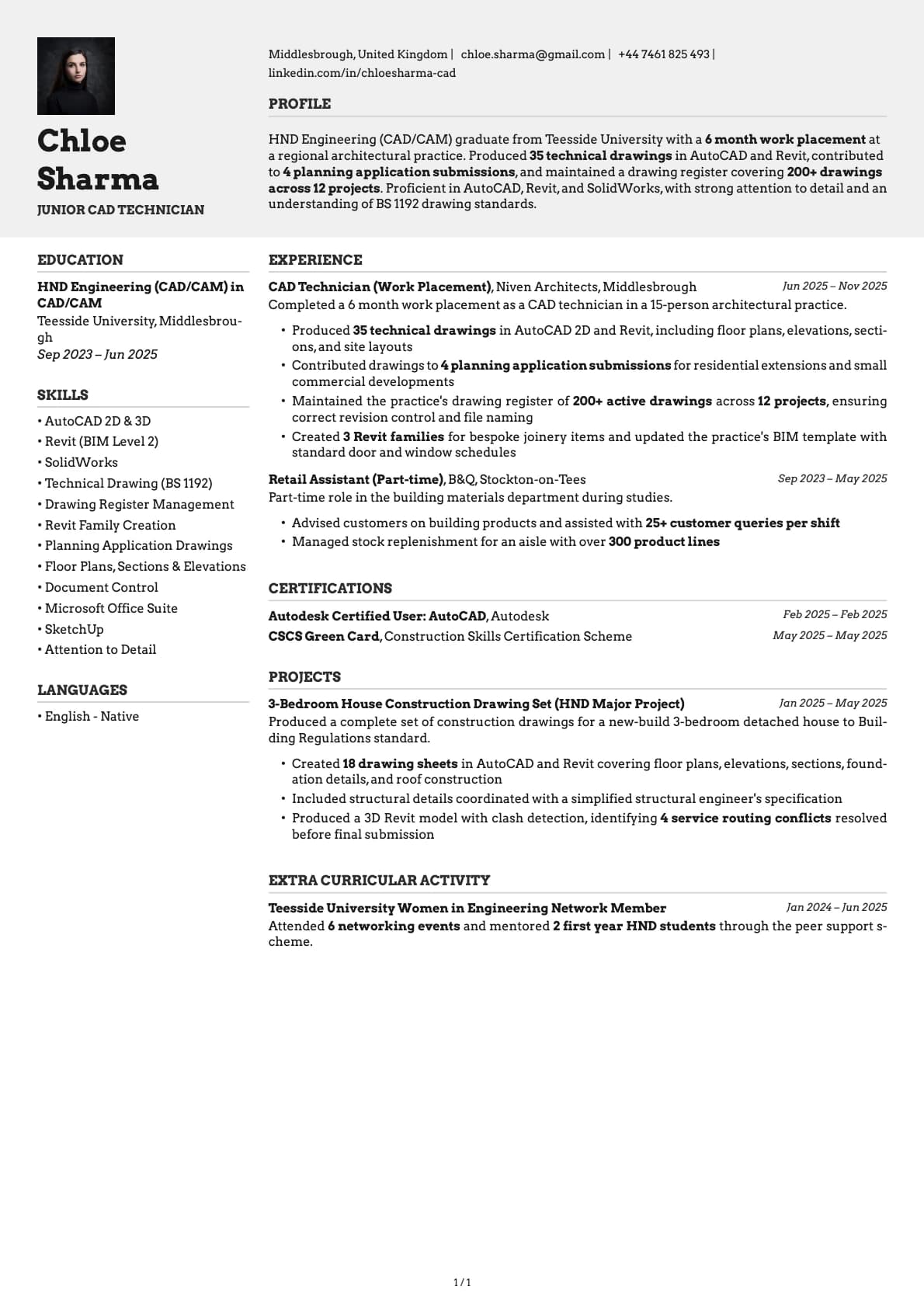 Junior CAD Technician resume example