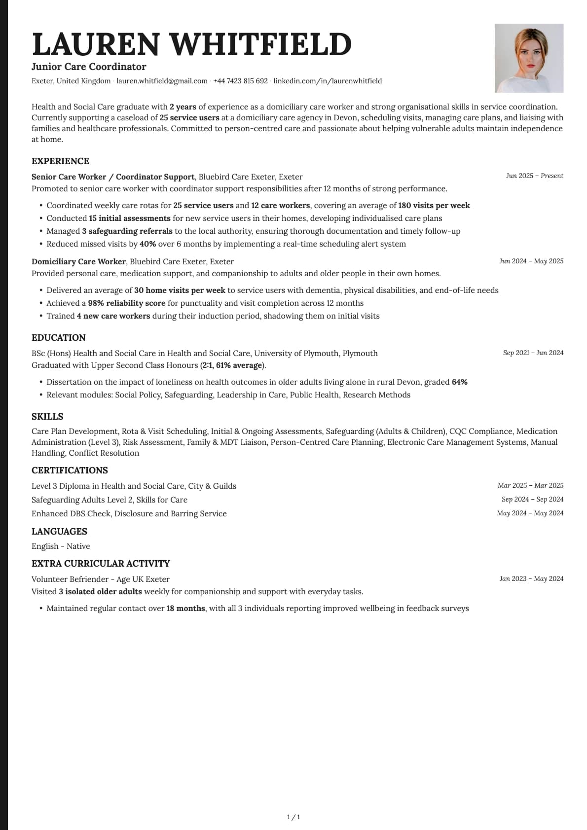 Junior Care Coordinator resume example