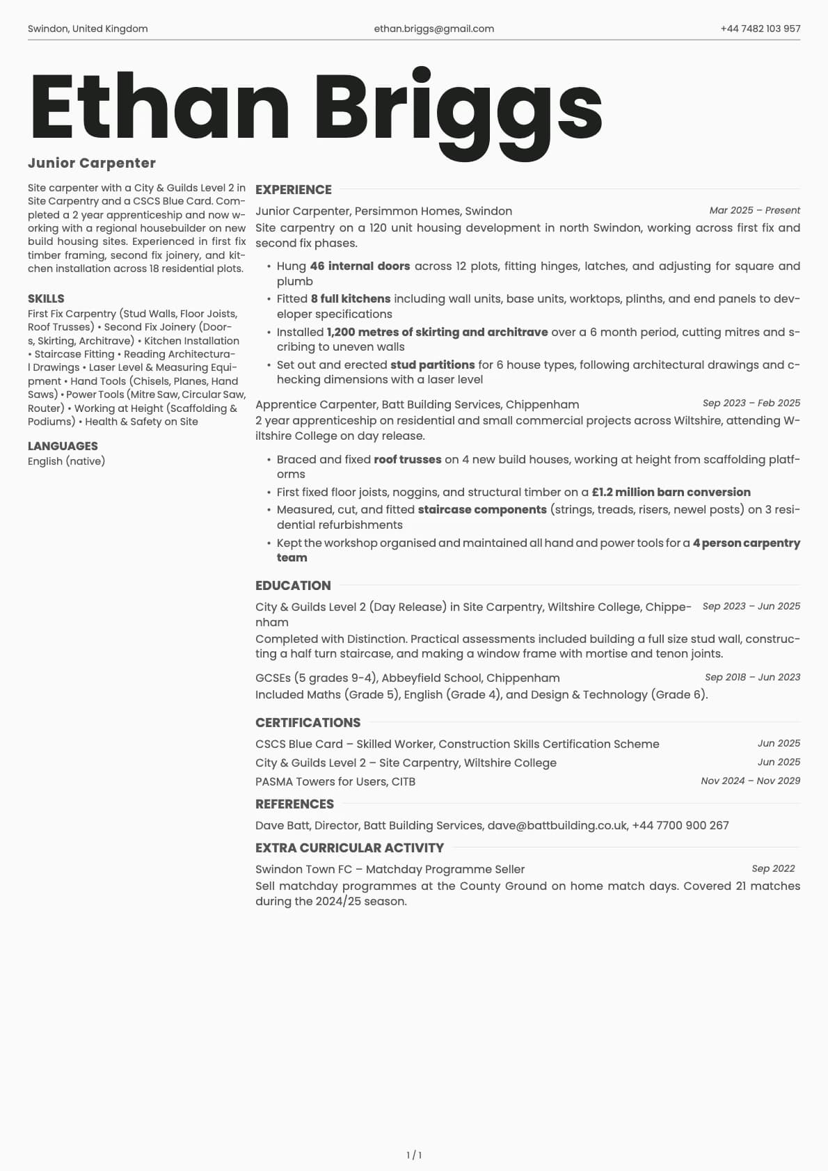 Junior Carpenter resume example