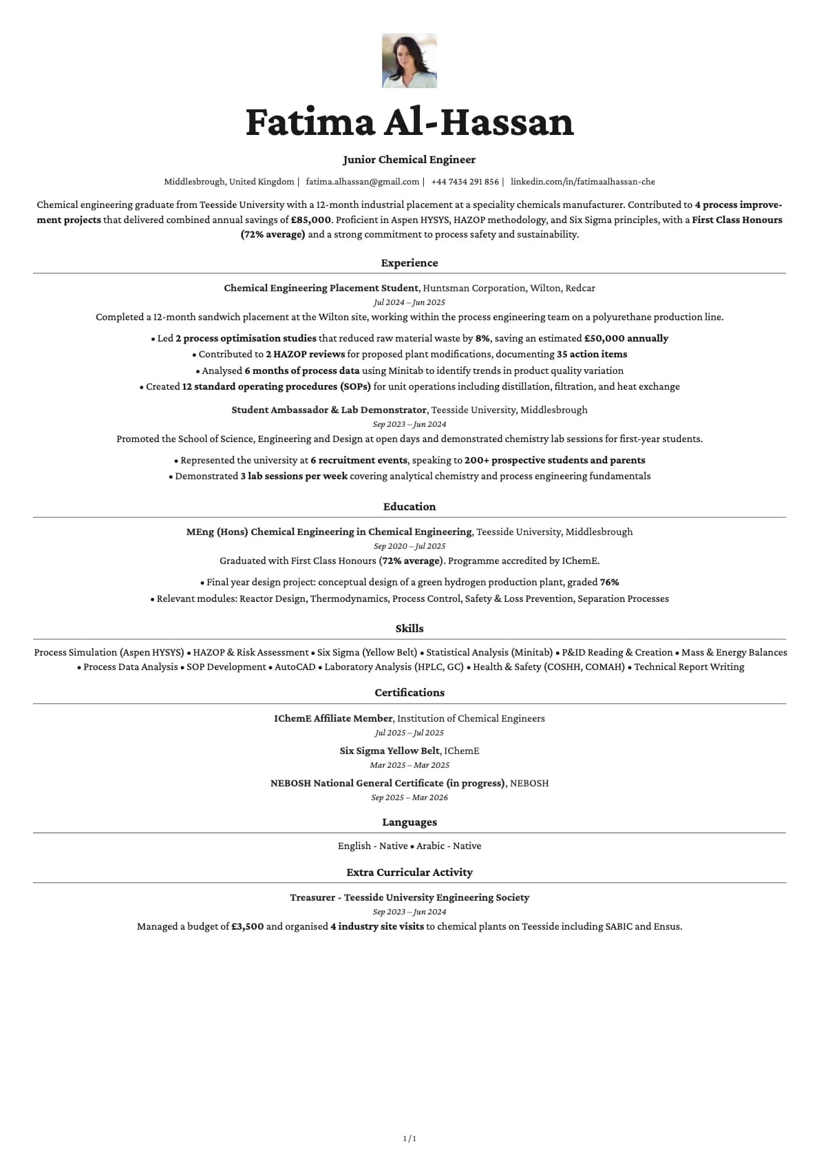 Junior Chemical Engineer resume example