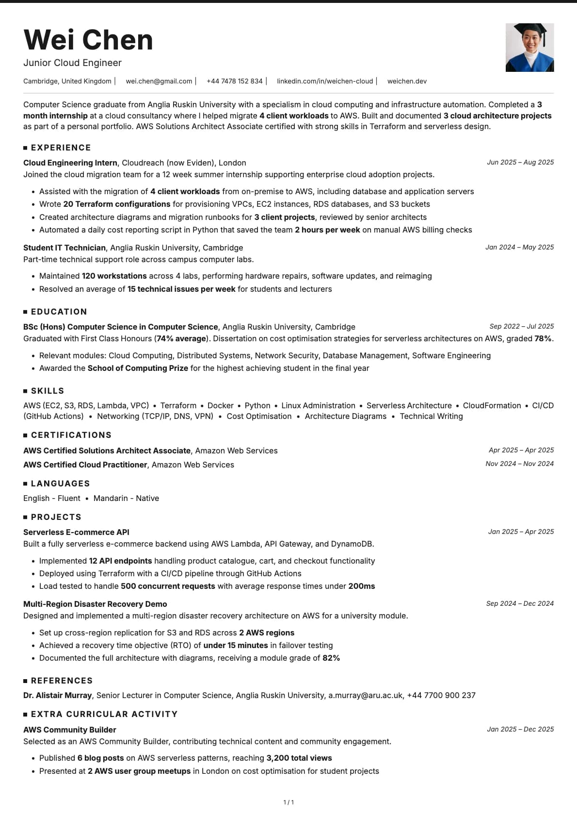 Junior Cloud Engineer resume example