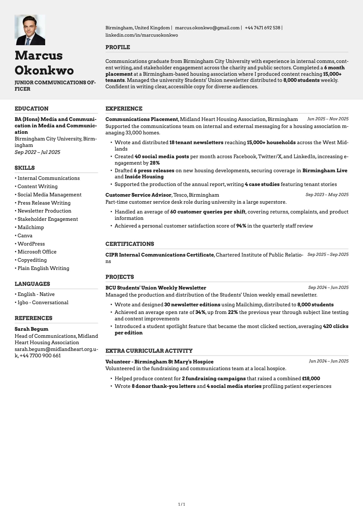 Junior Communications Officer resume example