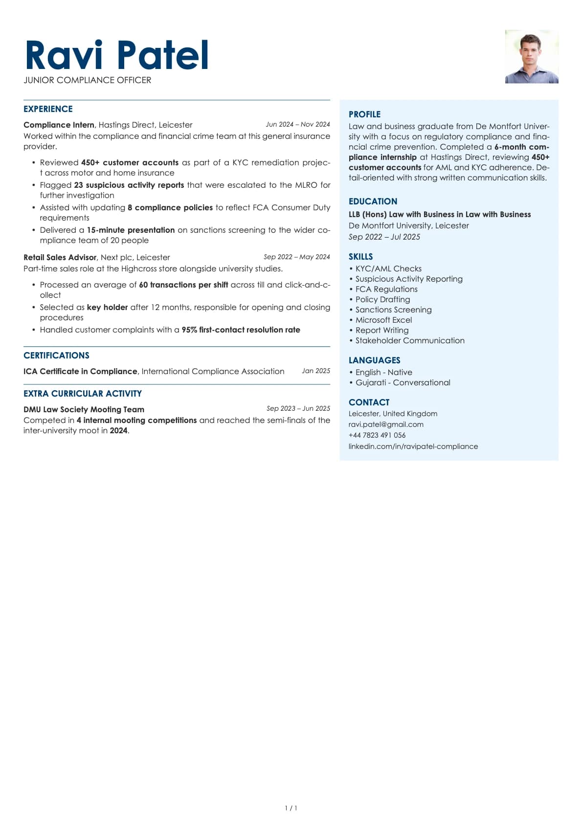 Junior Compliance Officer resume example