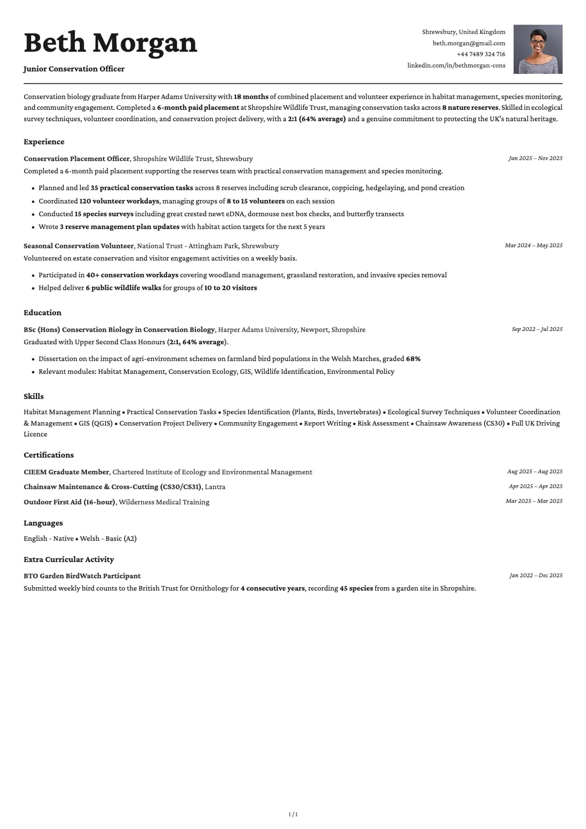 Junior Conservation Officer resume example