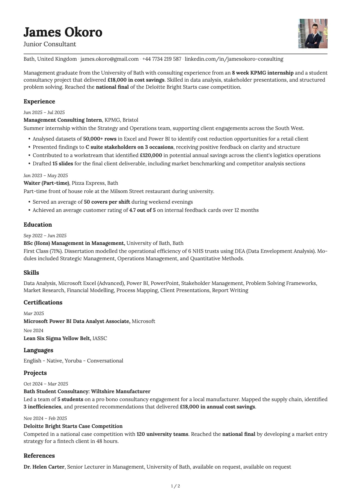 Junior Consultant resume example