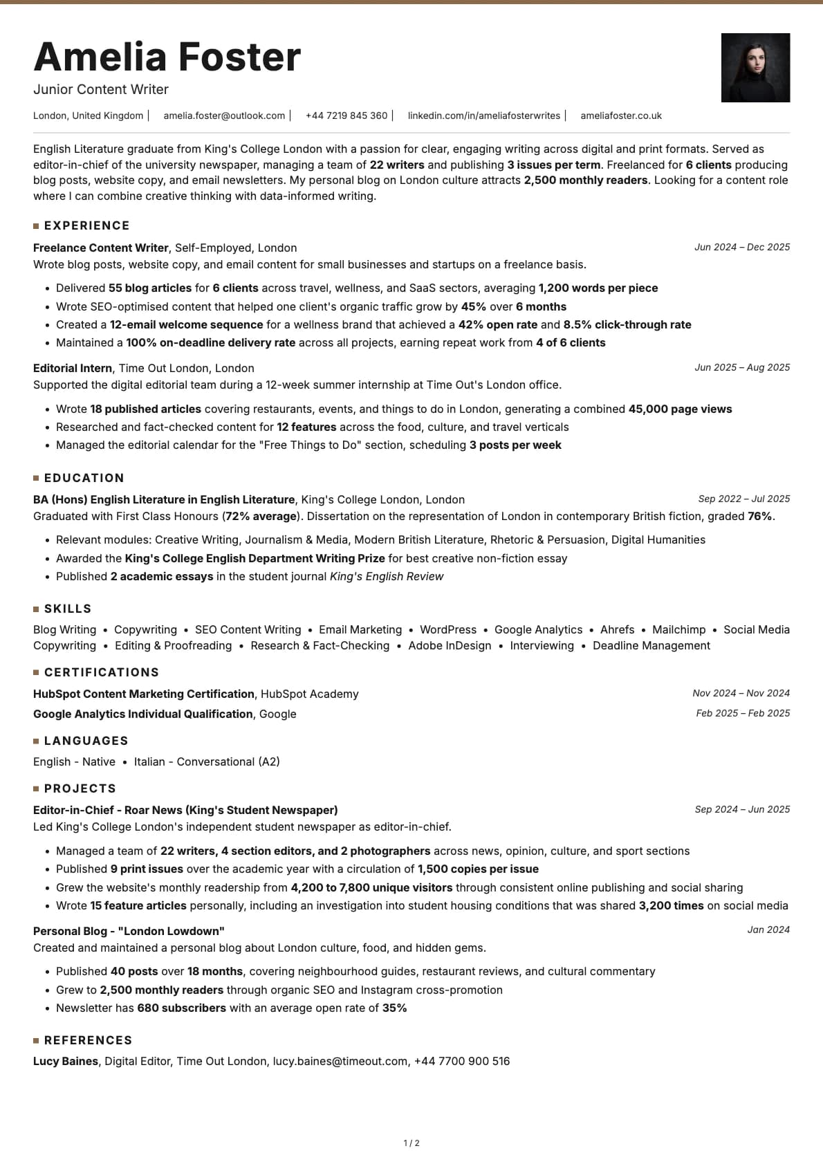 Junior Content Writer resume example