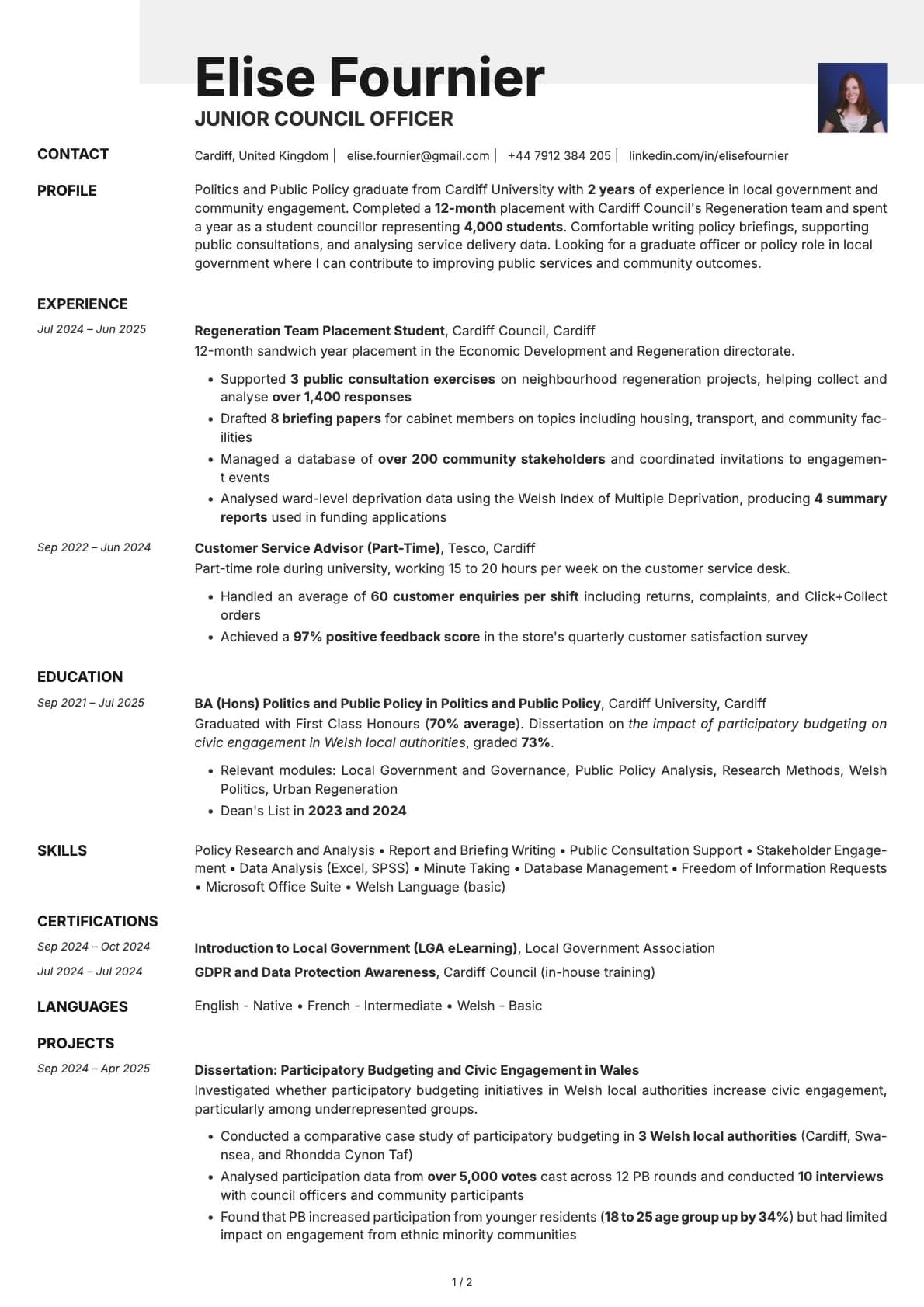 Junior Council Officer resume example