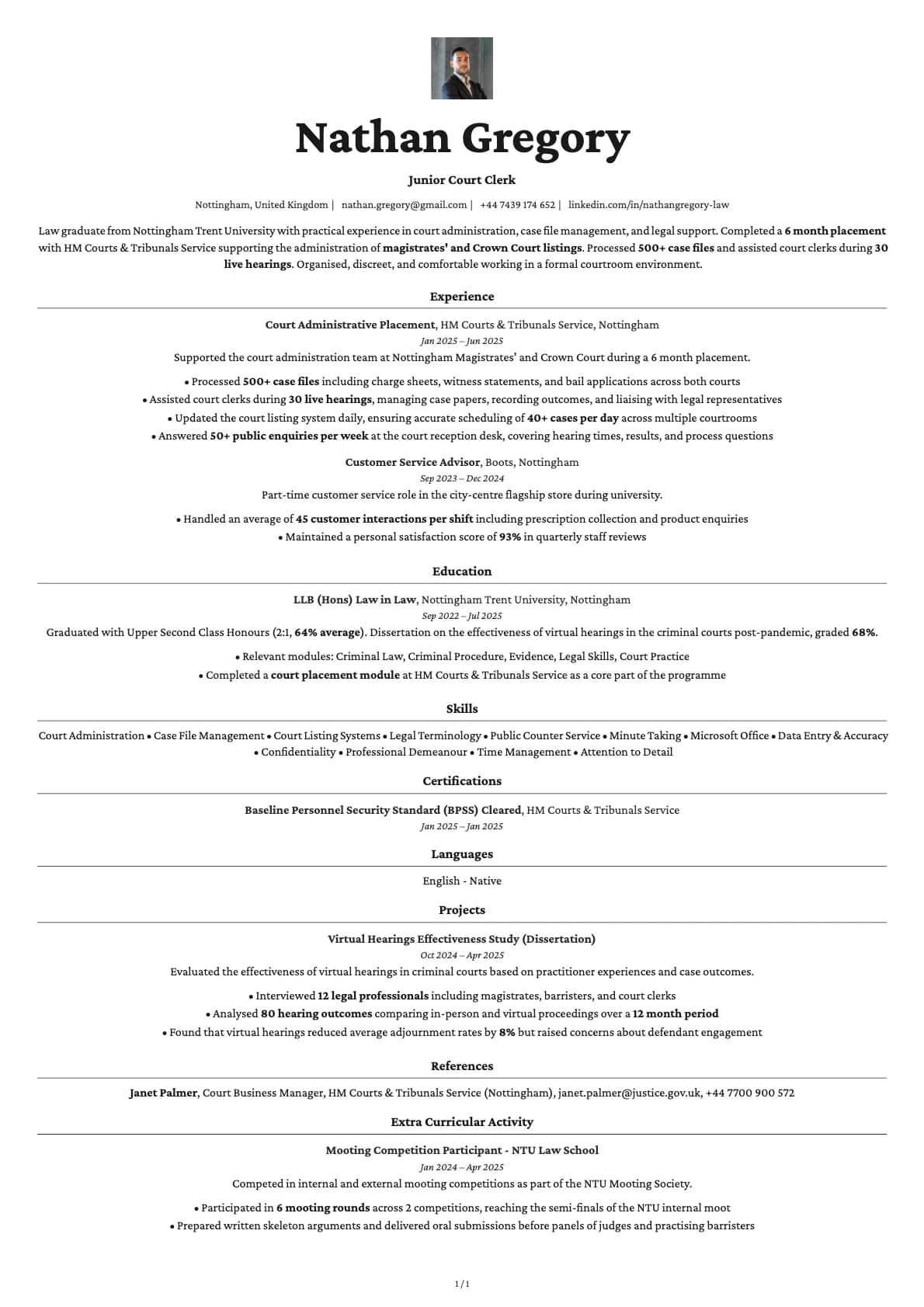 Junior Court Clerk resume example