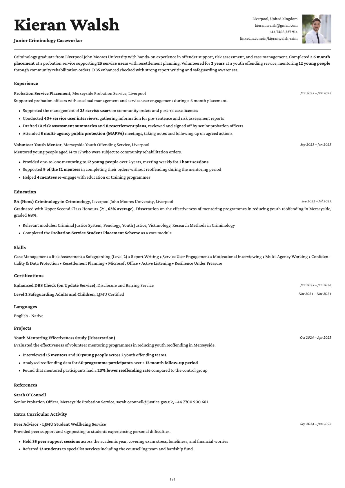 Junior Criminology Caseworker resume example