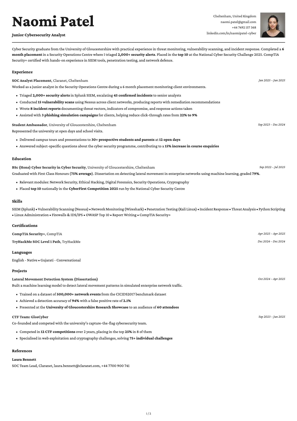 Junior Cybersecurity Analyst resume example