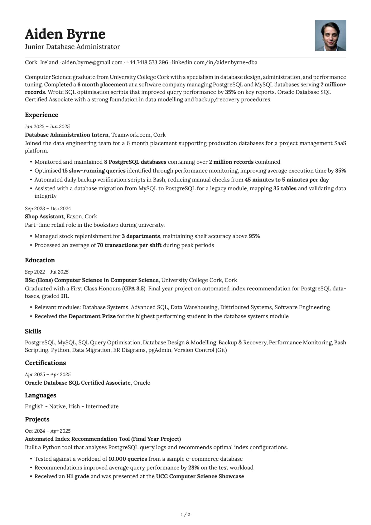 Junior Database Administrator resume example