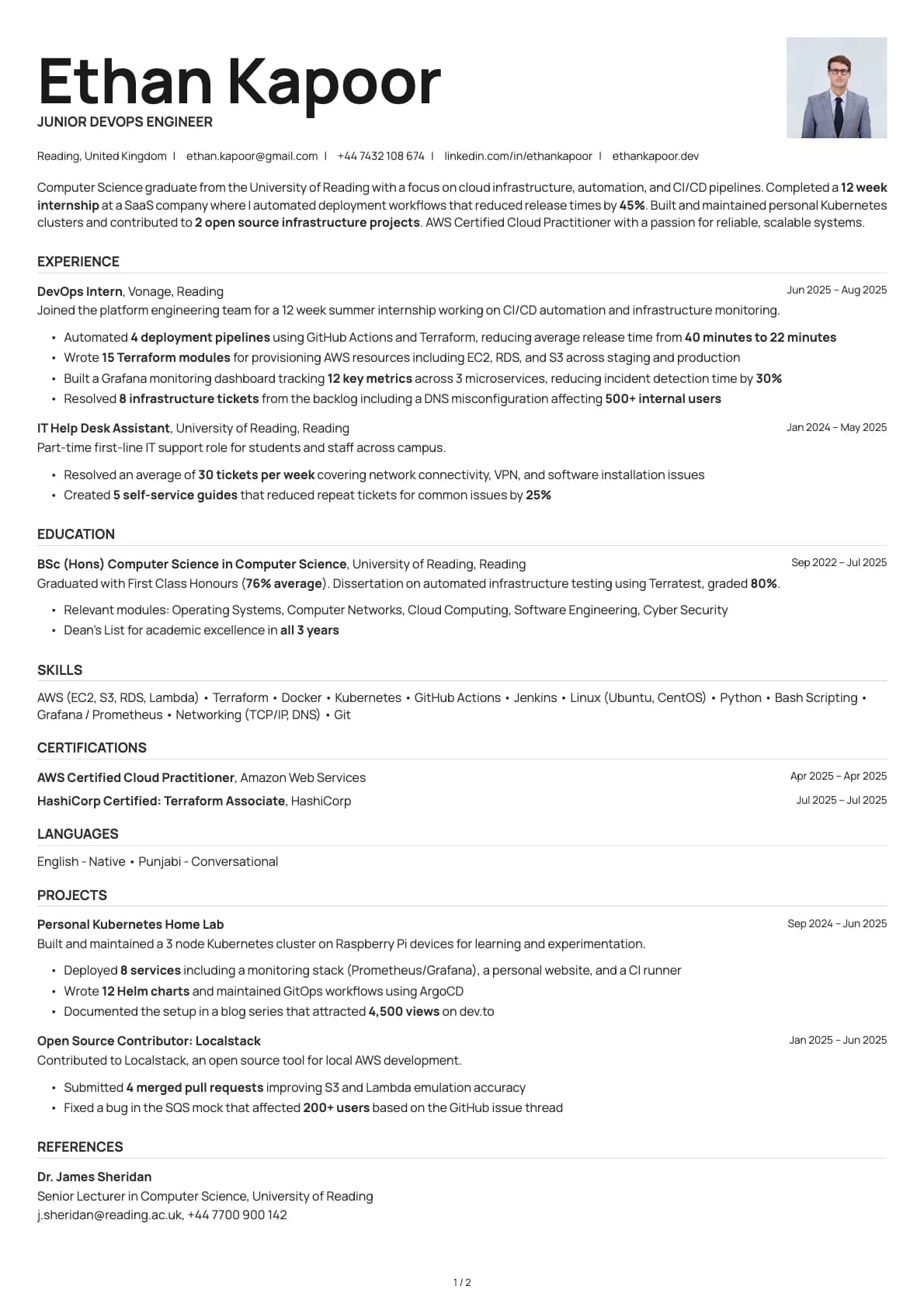 Junior DevOps Engineer resume example