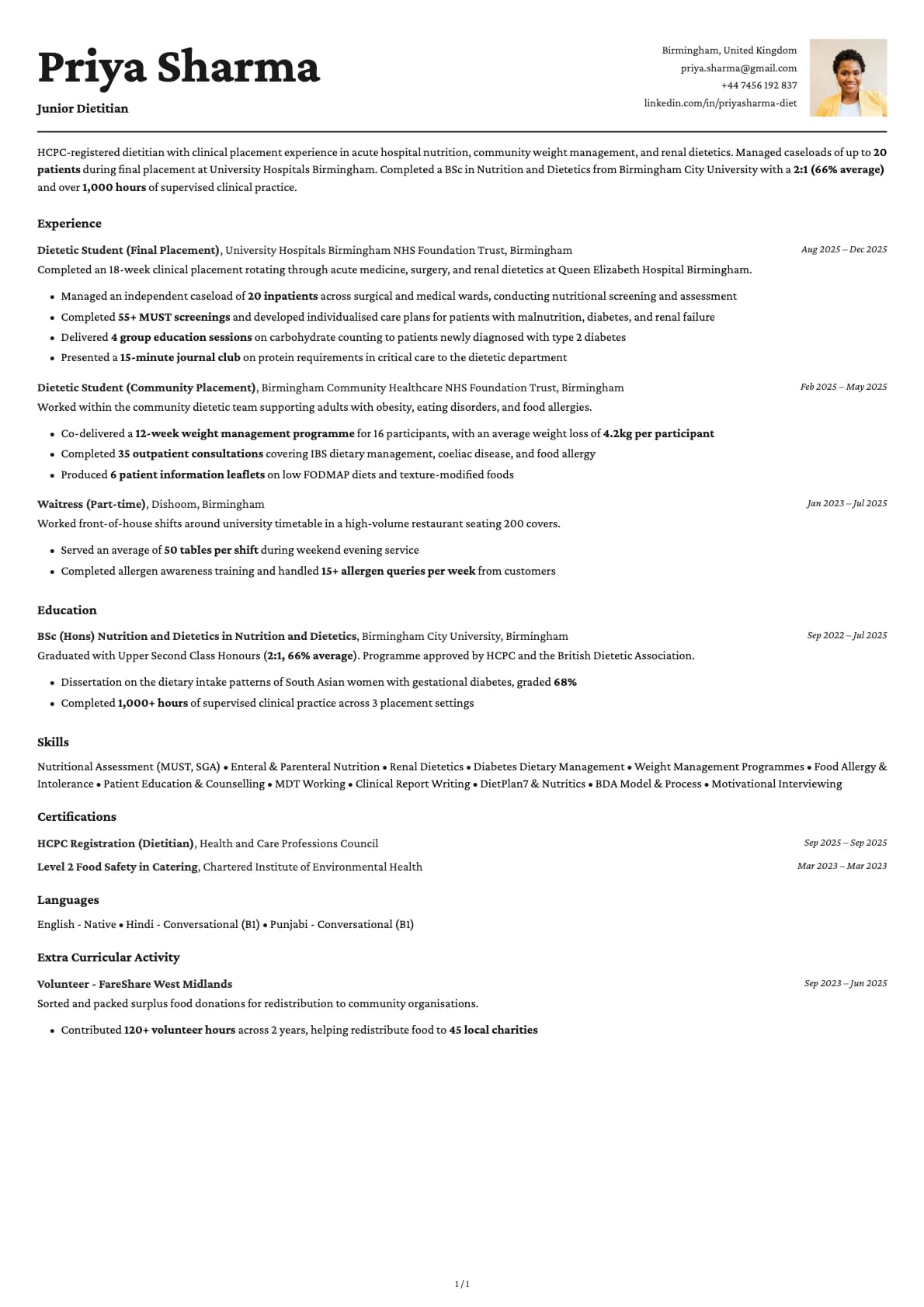 Junior Dietitian resume example