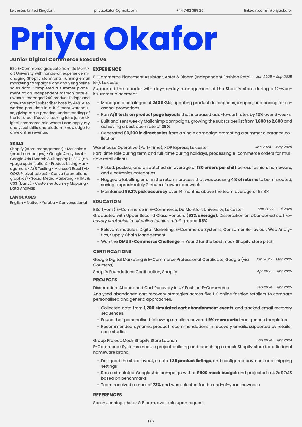 Junior Digital Commerce Executive resume example
