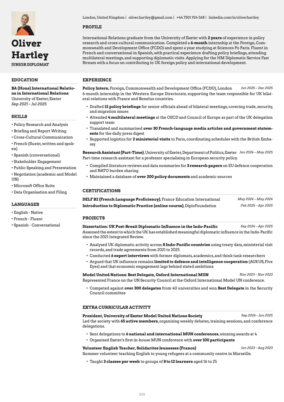 Junior Diplomat resume example