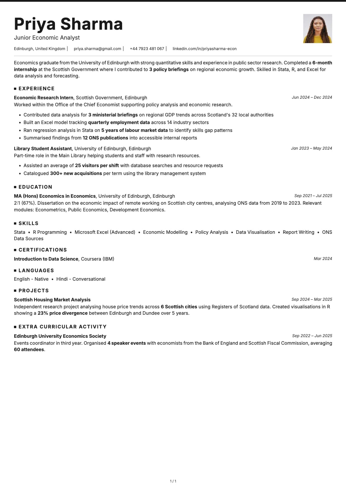 Junior Economic Analyst resume example