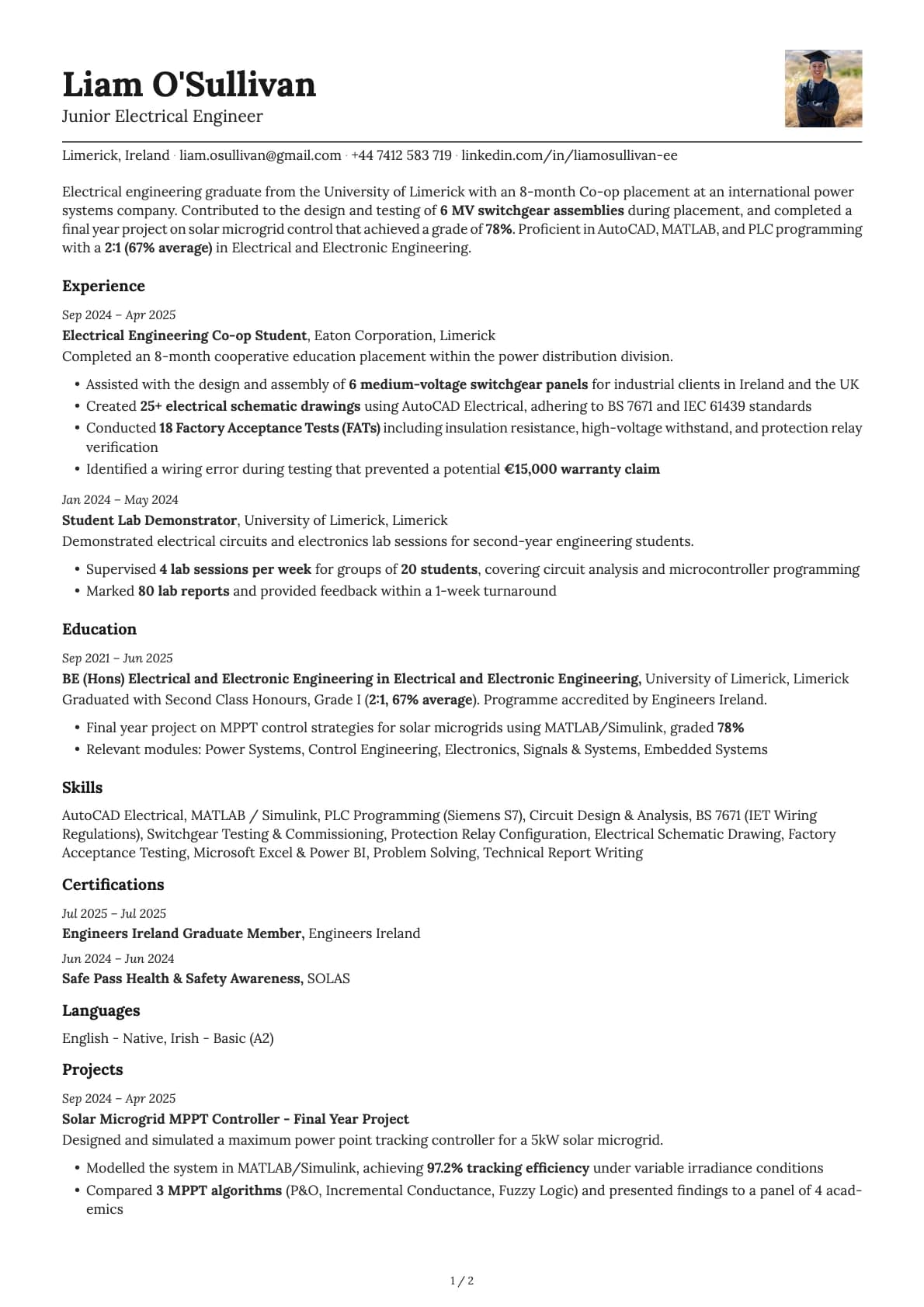 Junior Electrical Engineer resume example