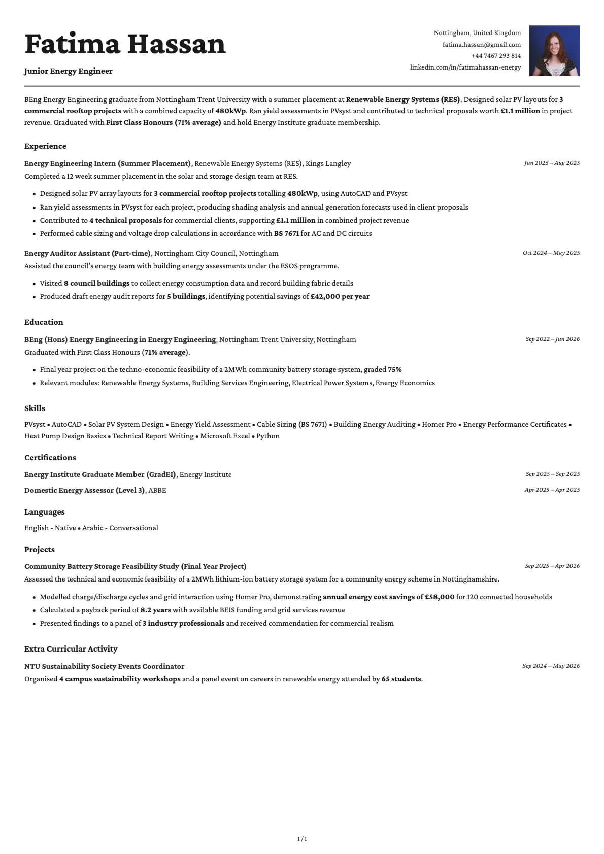 Junior Energy Engineer resume example