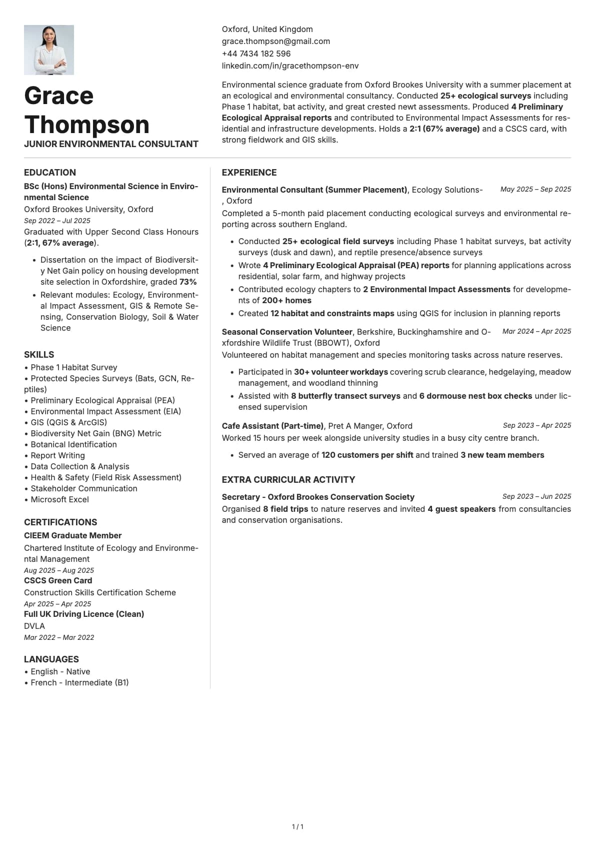 Junior Environmental Consultant resume example