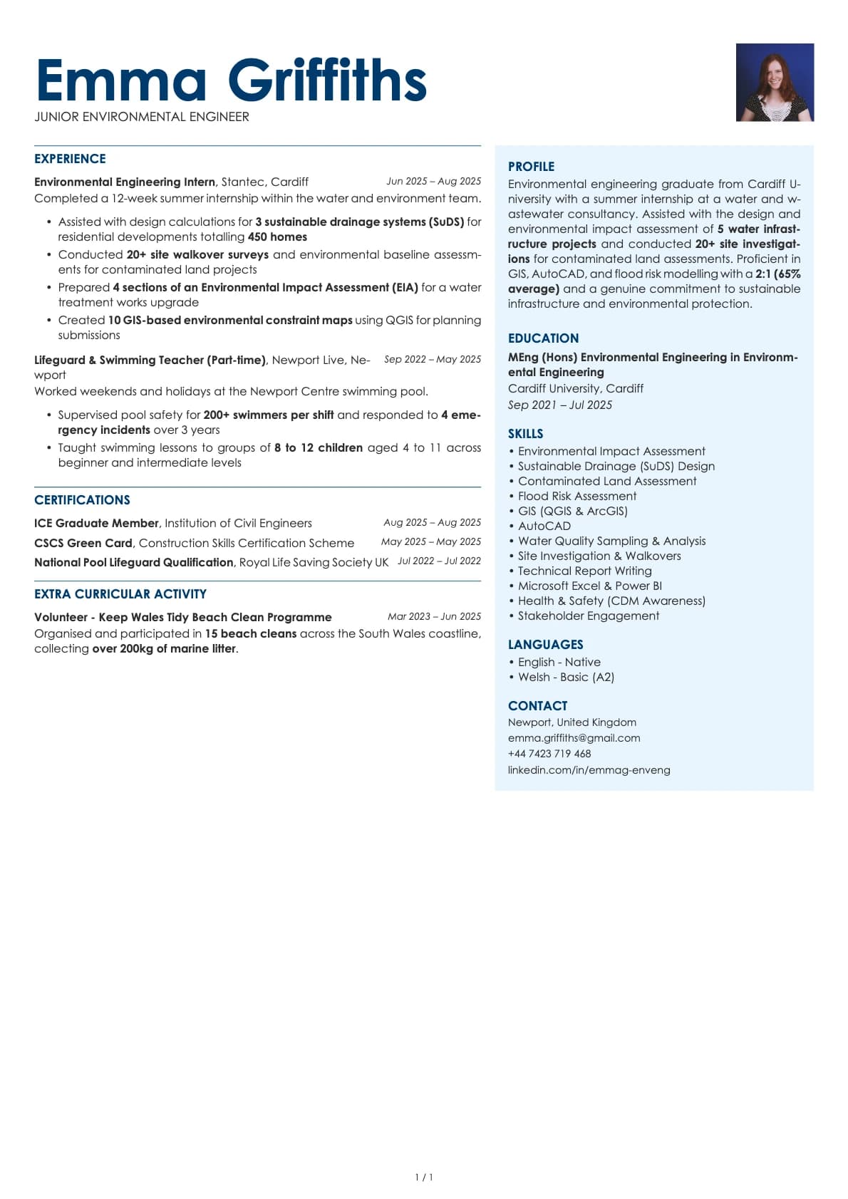 Junior Environmental Engineer resume example