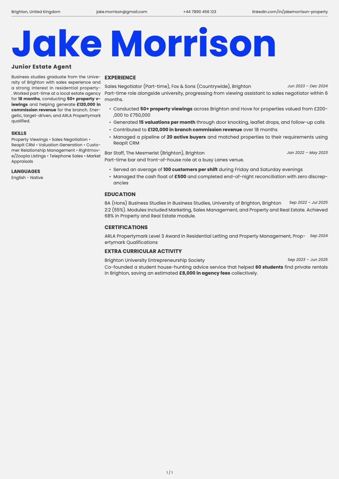 Junior Estate Agent resume example