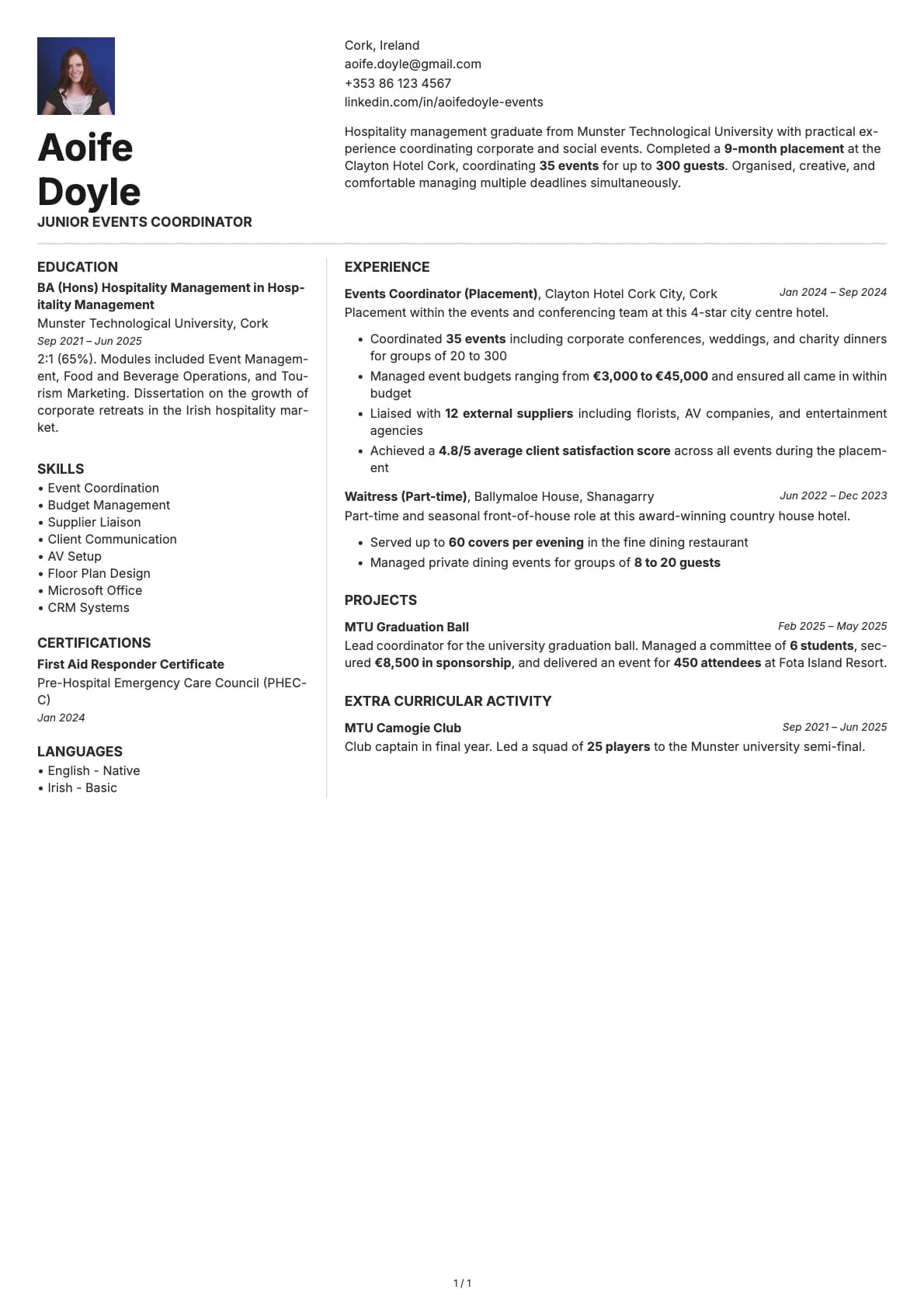 Junior Events Coordinator resume example