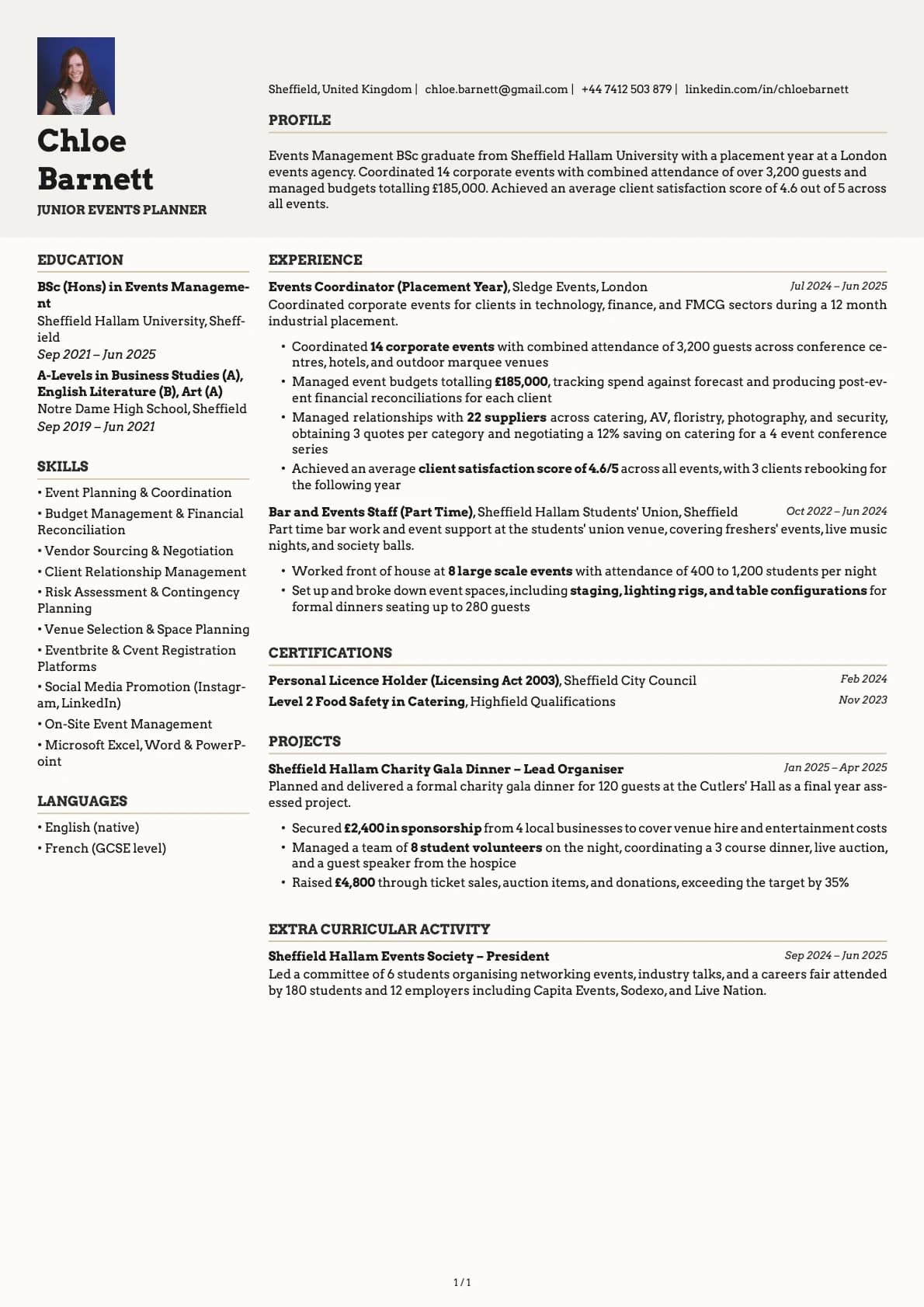 Junior Events Planner resume example