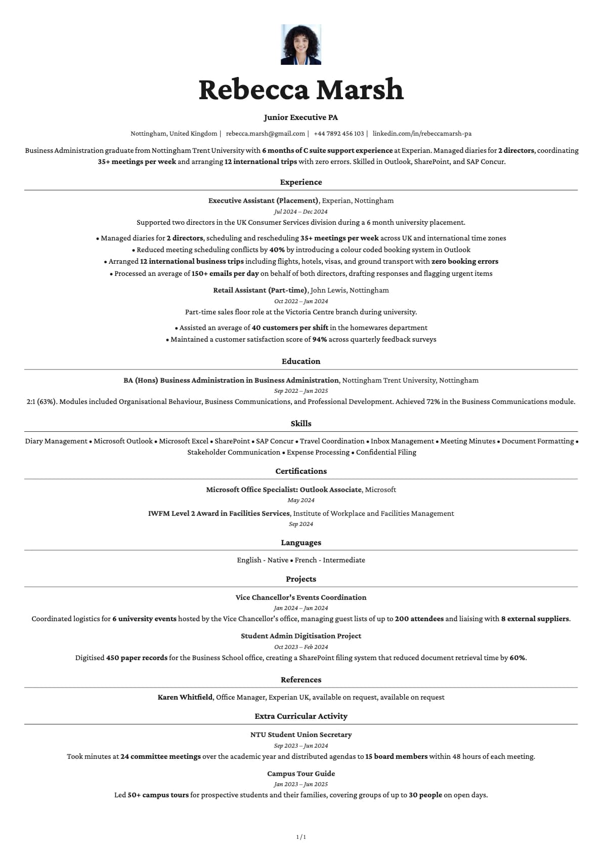 Junior Executive PA resume example
