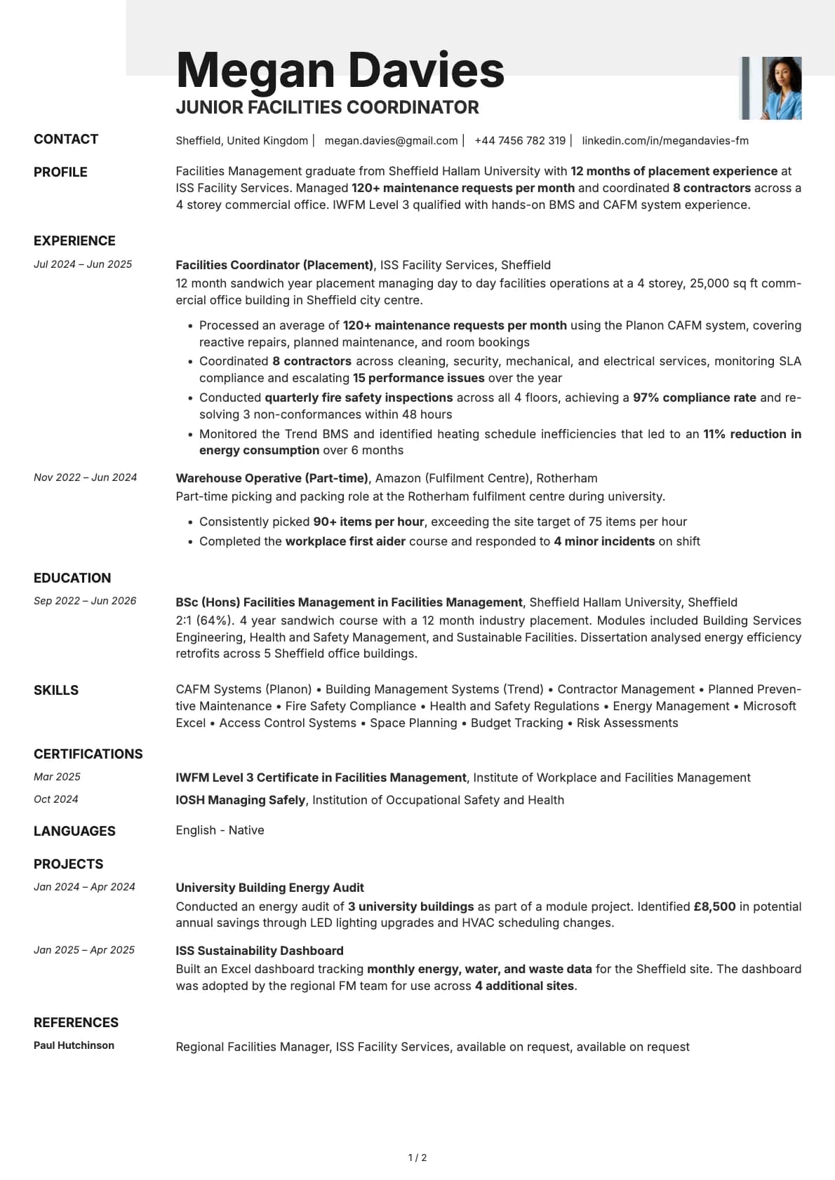 Junior Facilities Coordinator resume example