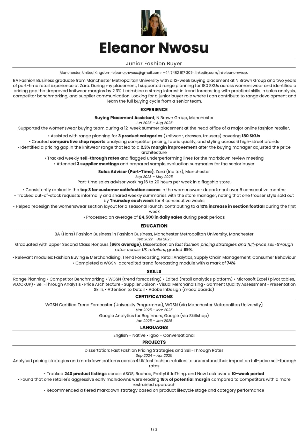 Junior Fashion Buyer resume example