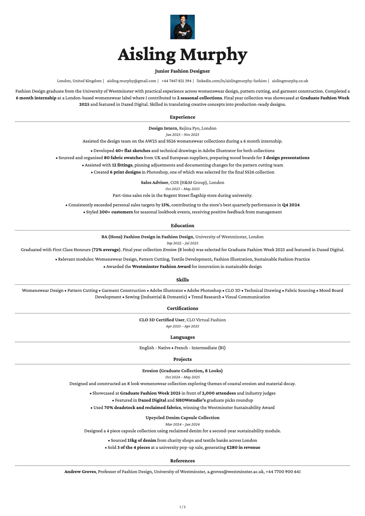 Junior Fashion Designer resume example