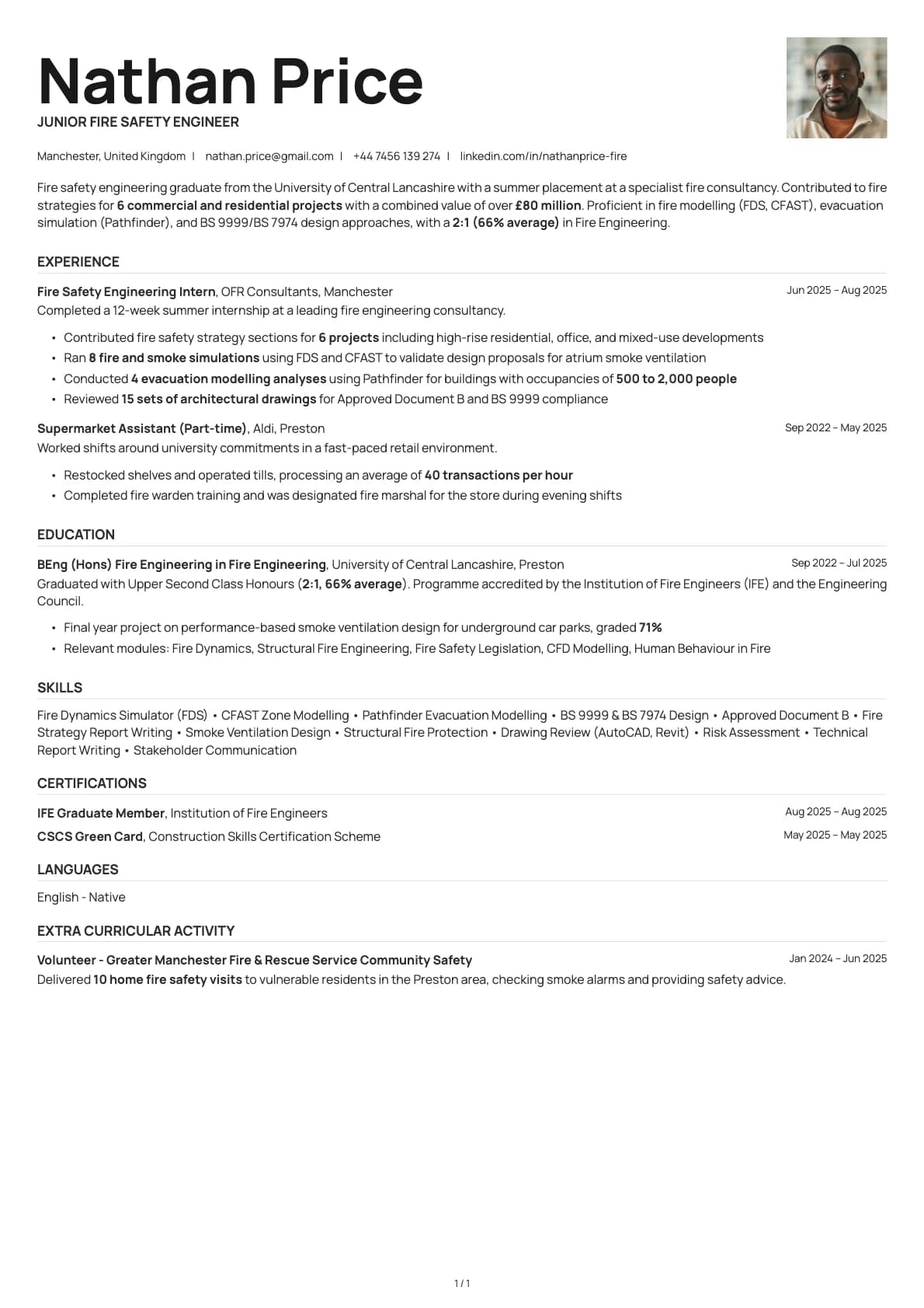 Junior Fire Safety Engineer resume example