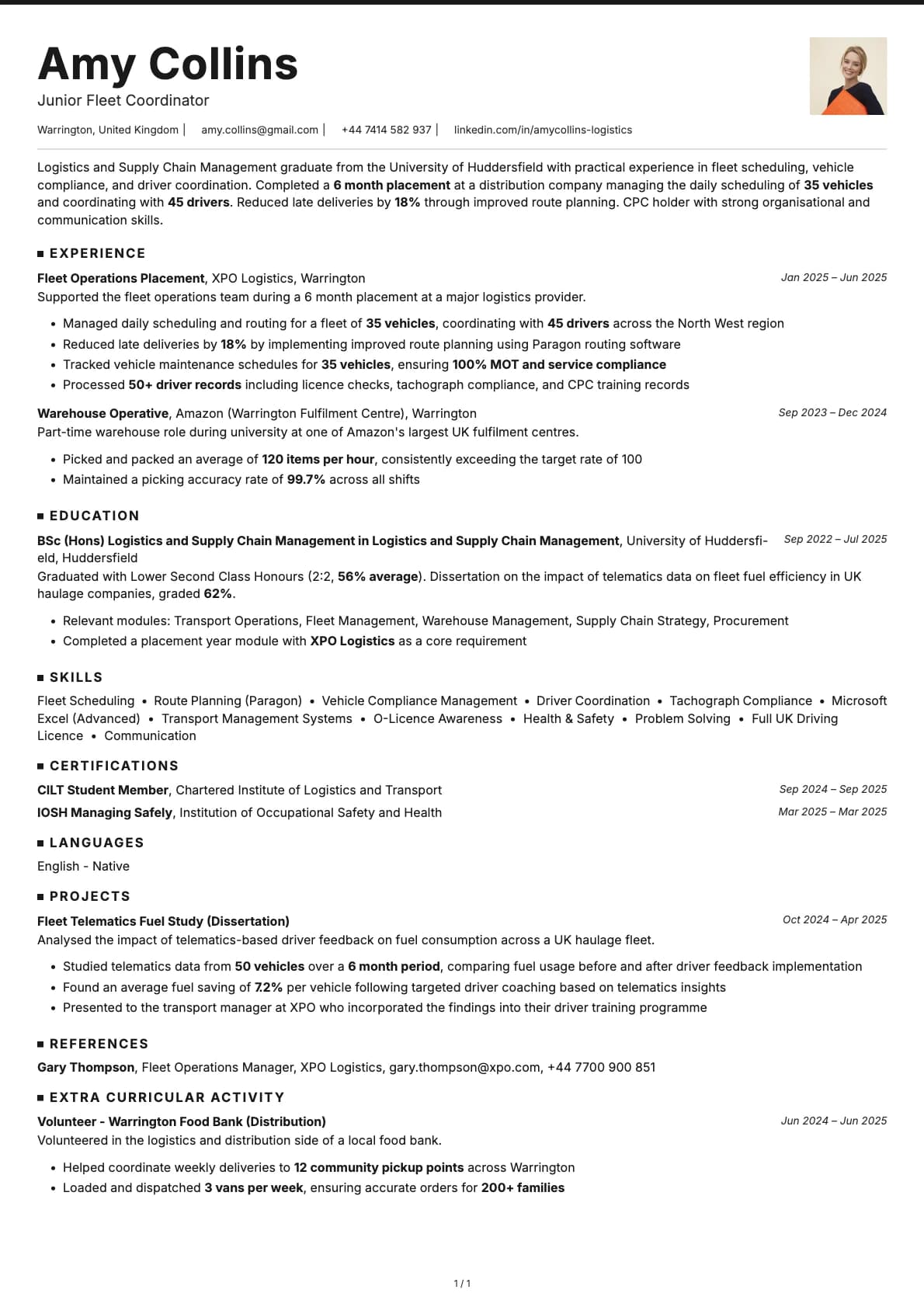 Junior Fleet Coordinator resume example