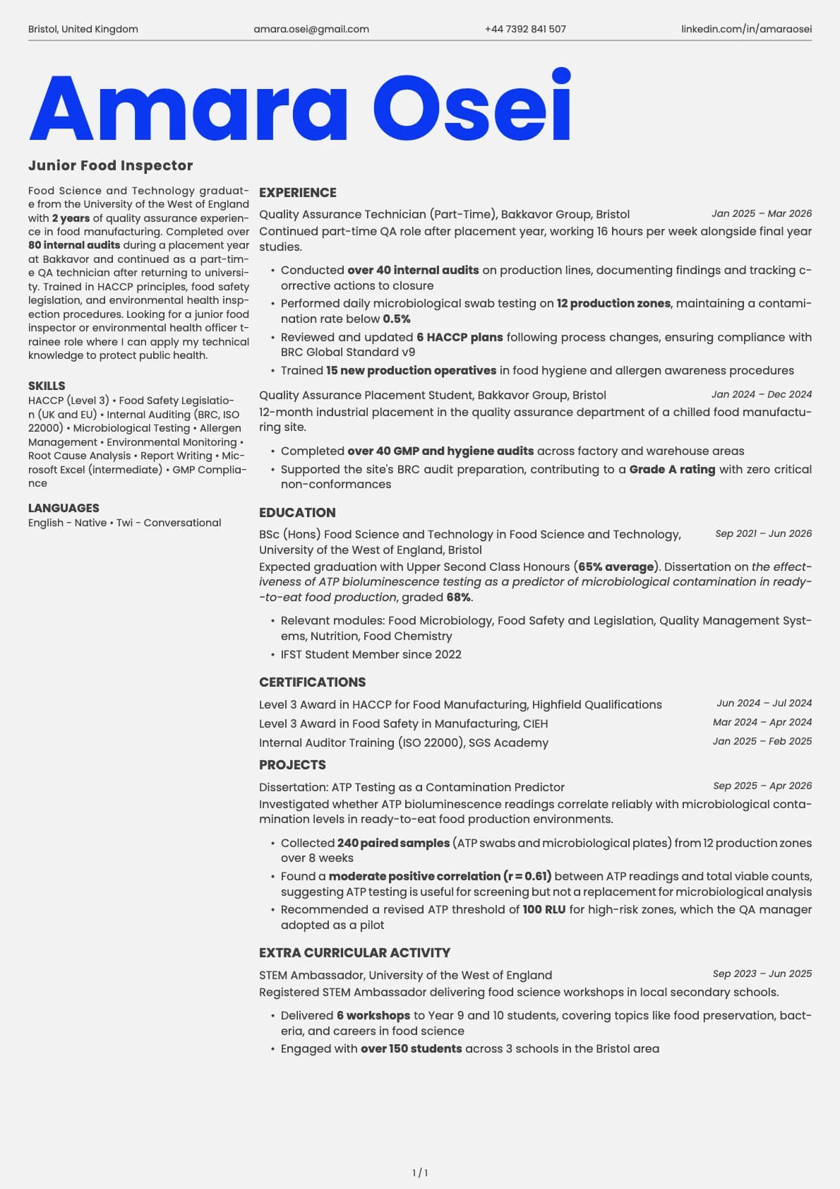 Junior Food Inspector resume example