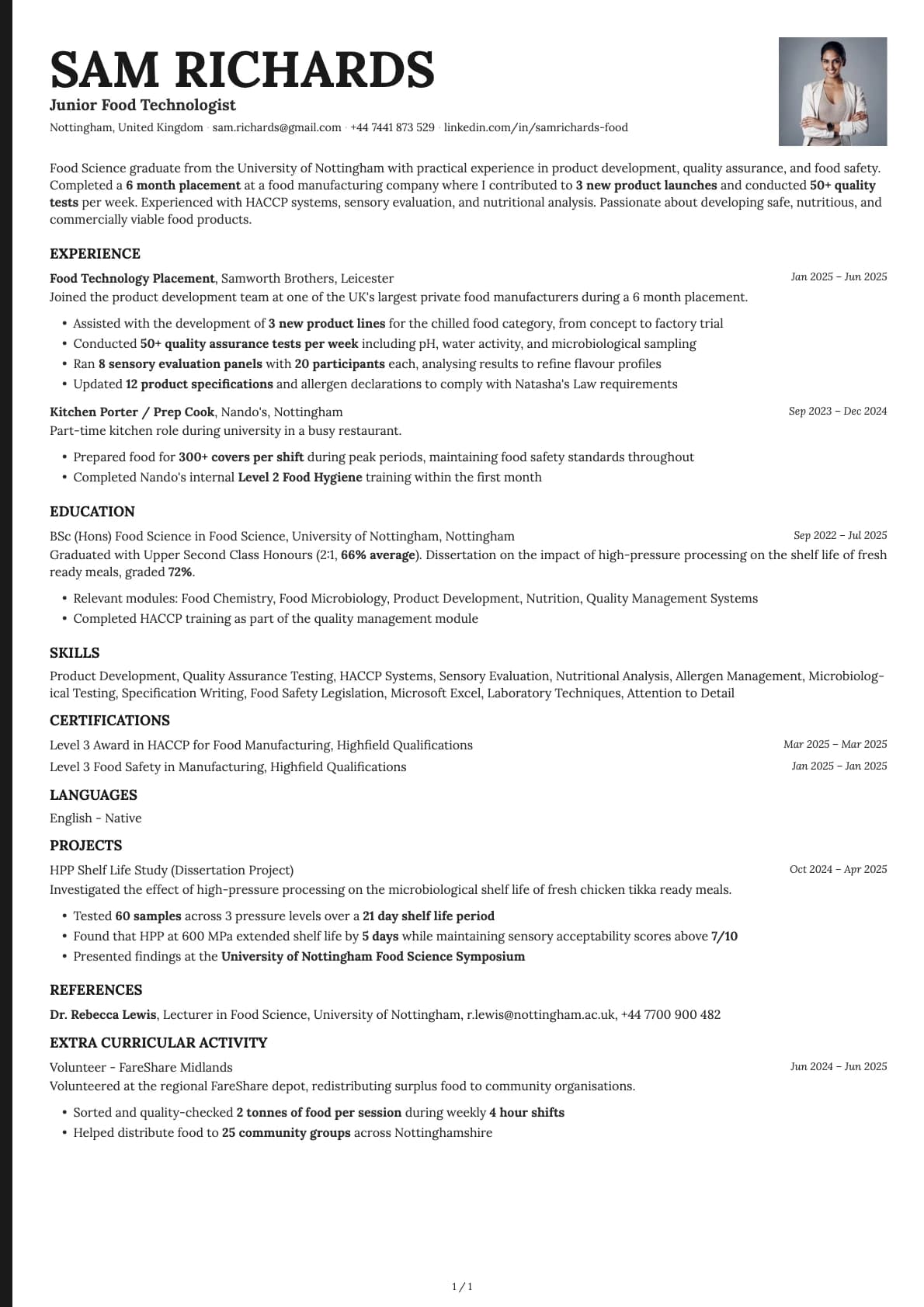 Junior Food Technologist resume example
