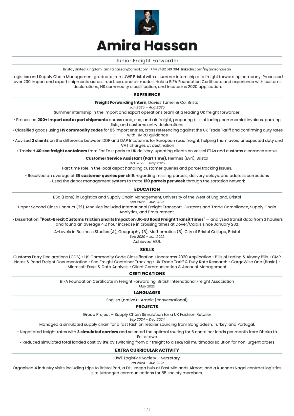 Junior Freight Forwarder resume example