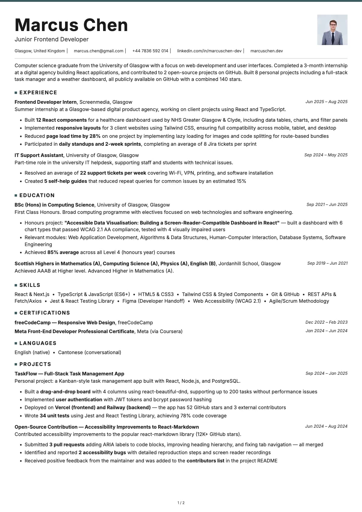 Junior Frontend Developer resume example