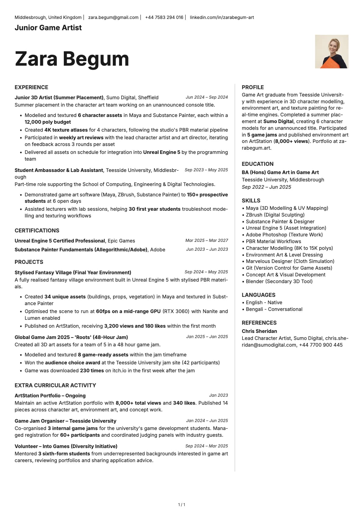 Junior Game Artist resume example
