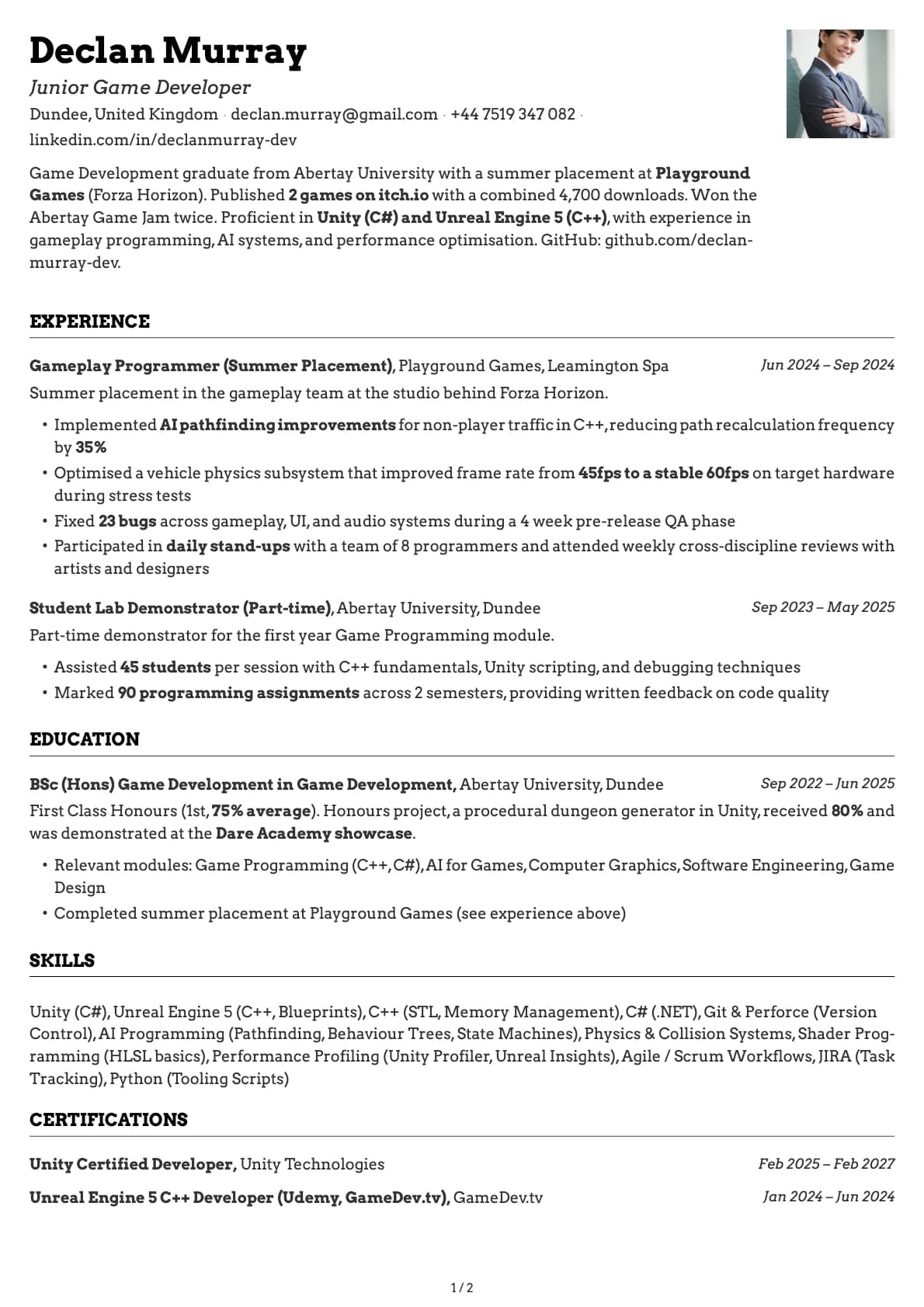 Junior Game Developer resume example