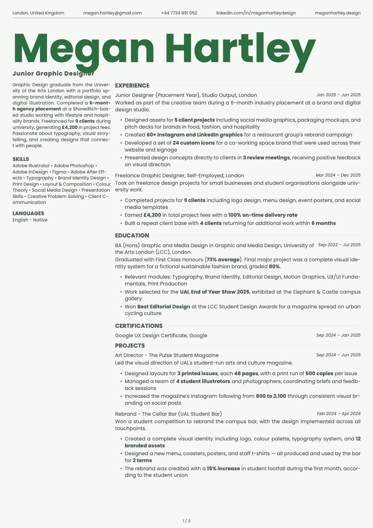 Junior Graphic Designer resume example