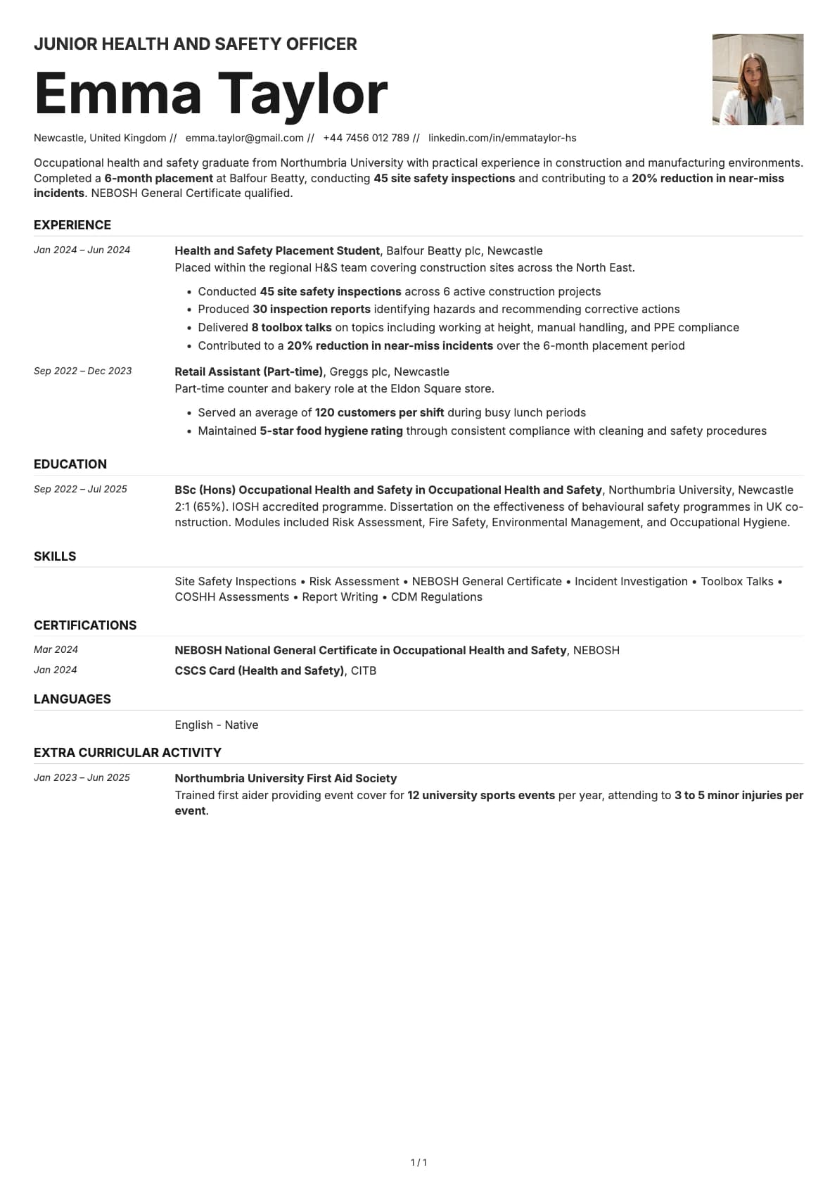 Junior Health and Safety Officer resume example