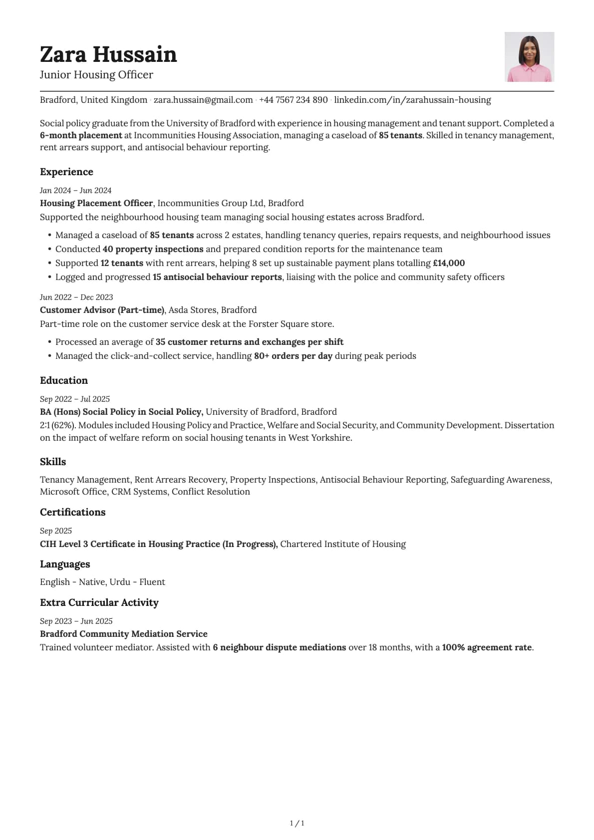 Junior Housing Officer resume example