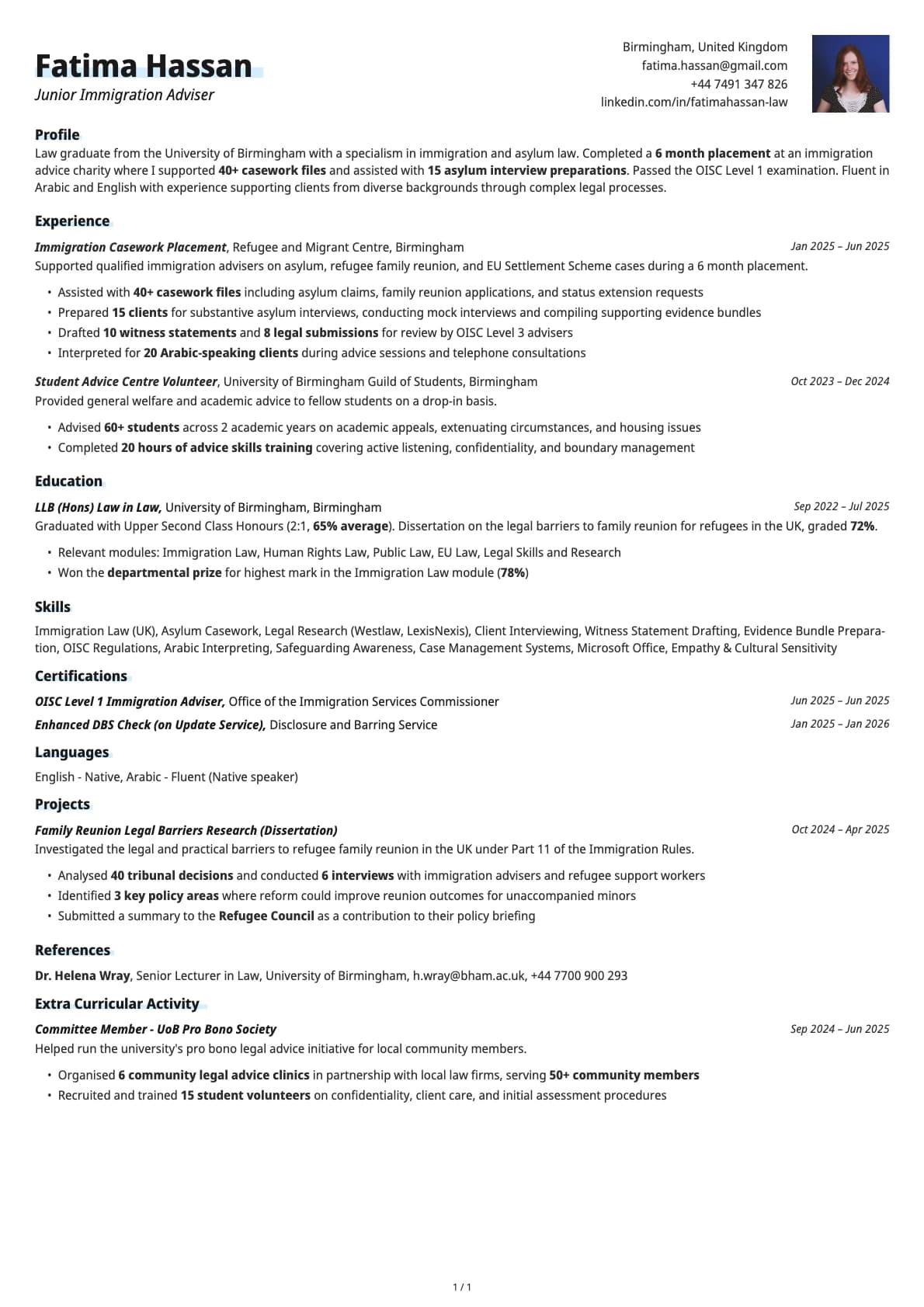 Junior Immigration Adviser resume example
